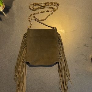 Gray Suede Fringe Crossbody Bag with Gold Chain